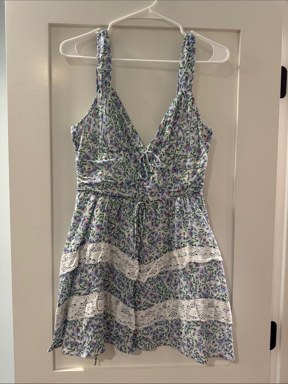 Floral Lace Trim Summer Dress - Blue & Green Floral